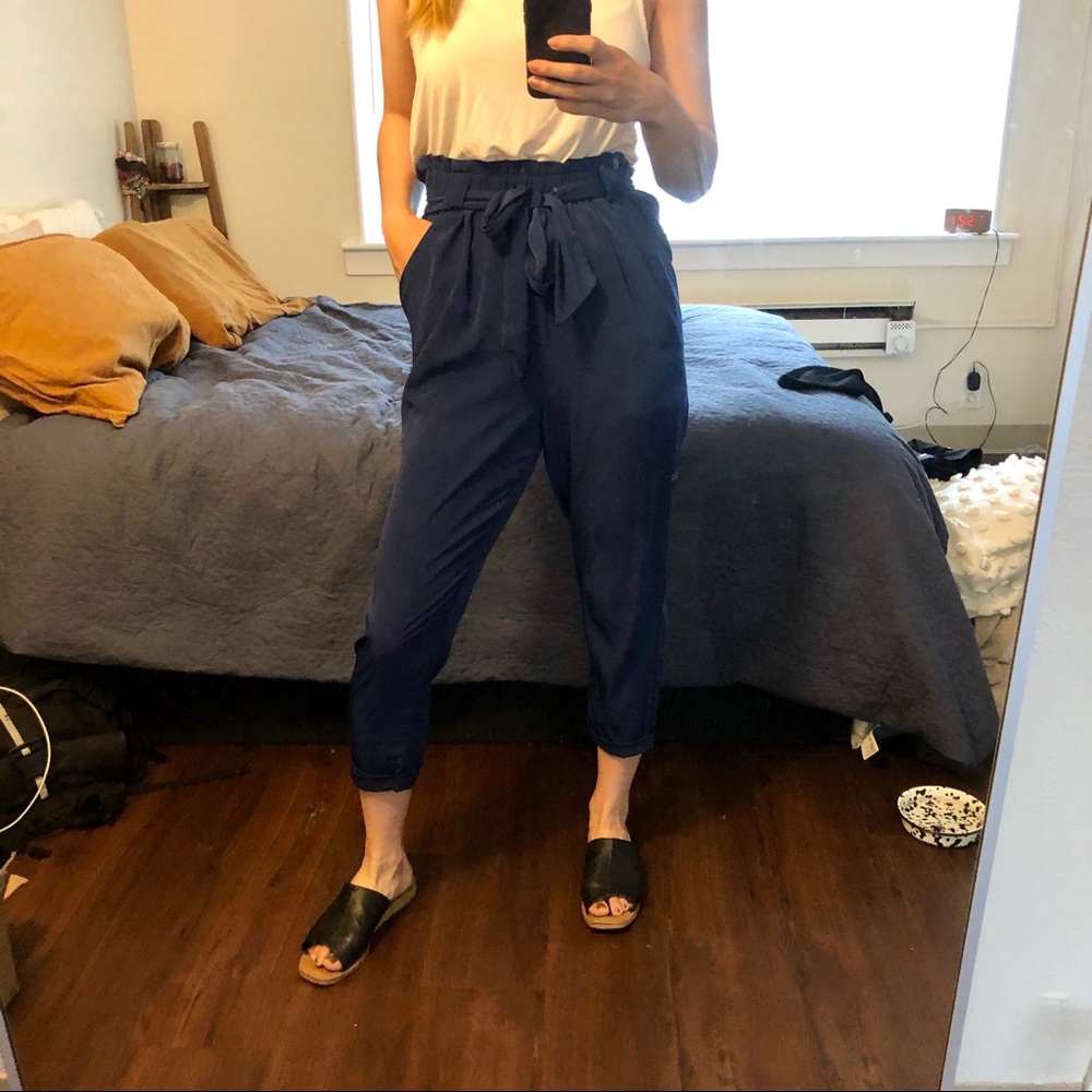 blue high waisted paper bag pants